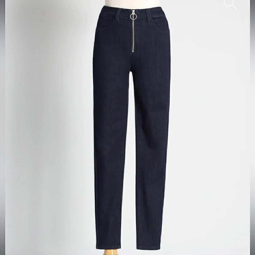Modcloth By All Means Exposed Zip Skinny Jeans High Waist Dark Blue Indigo M